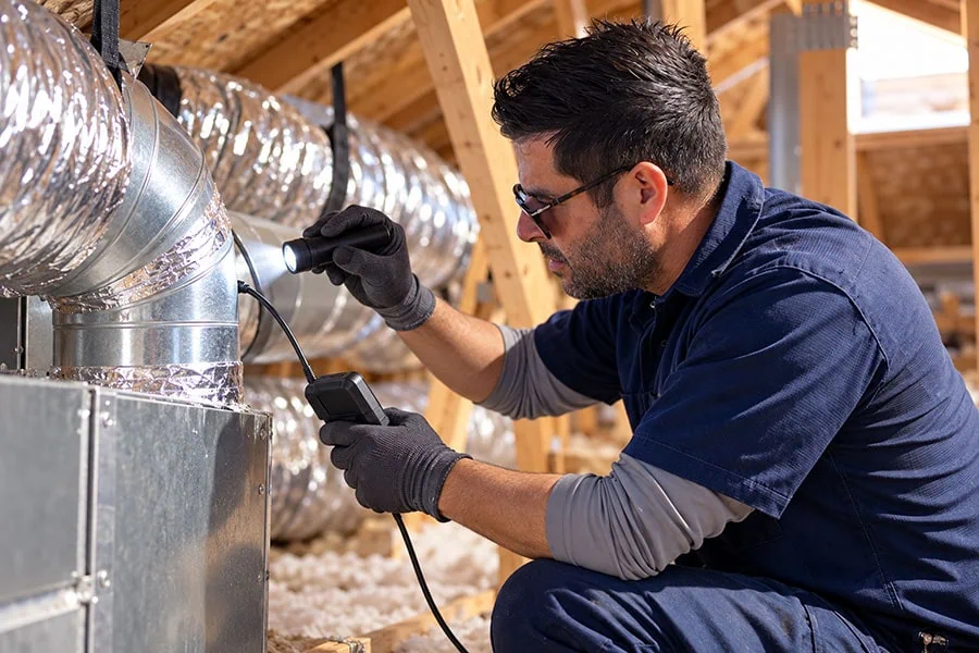 HVAC technician inspecting attic ductwork