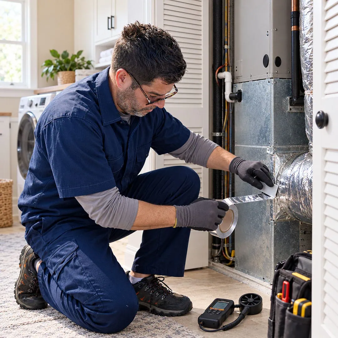 HVAC technician sealing a duct connection