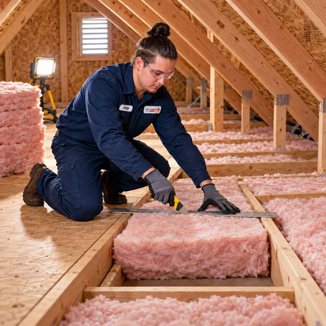 Rolando's HVAC technician installing attic insulation