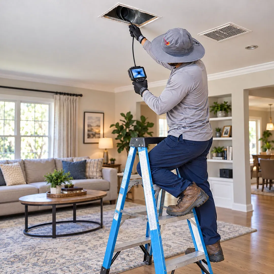 HVAC technician inspecting a ceiling duct with a camera