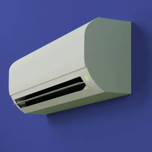 A white wall-mounted mini-split air conditioning unit against a bright blue background.