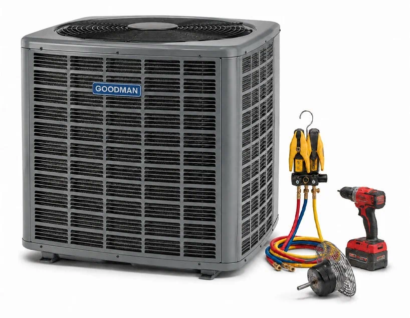 Goodman outdoor air-conditioning unit with HVAC service tools